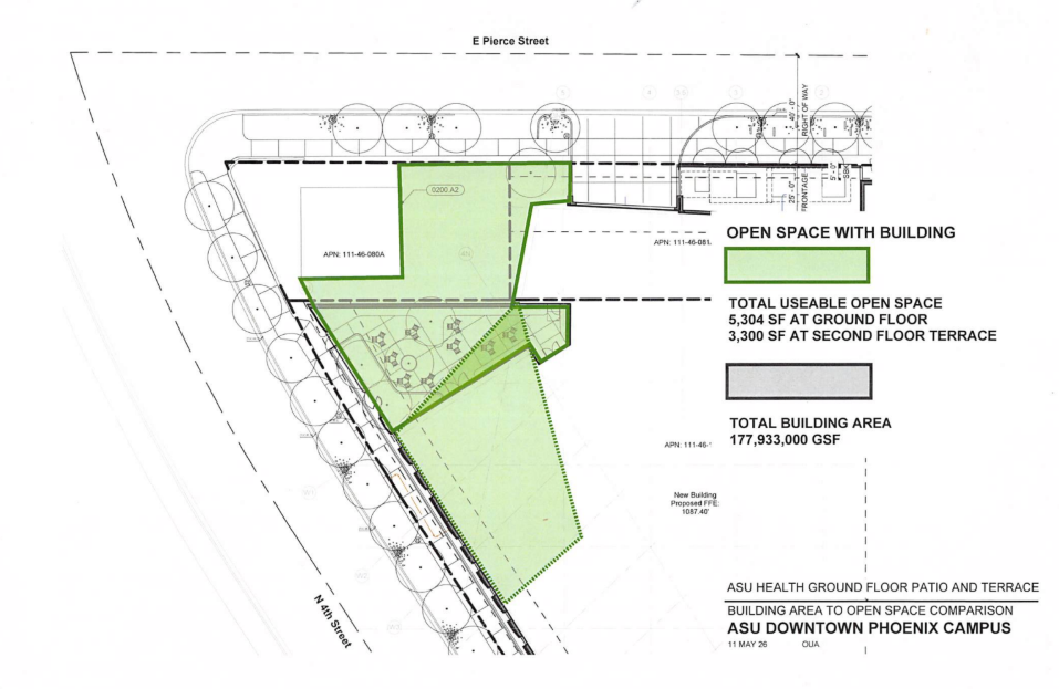 a blue print showing open space for an asu building, using a lot featuring an historic home but keeping the home itself intact