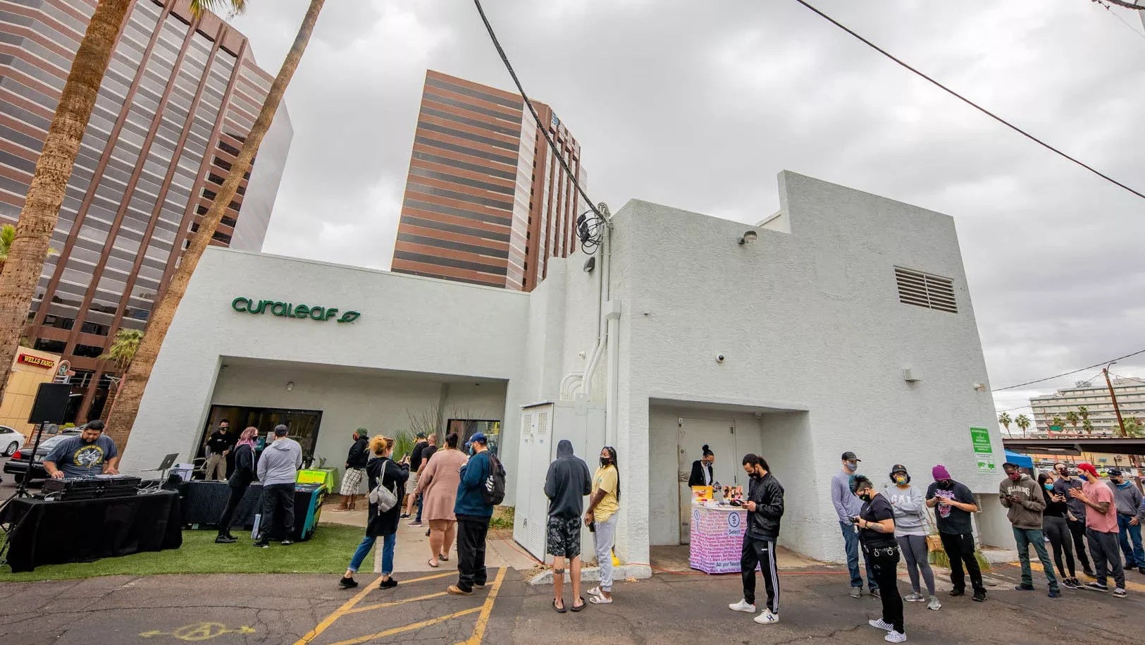 a line stretches around a phoenix dispensary