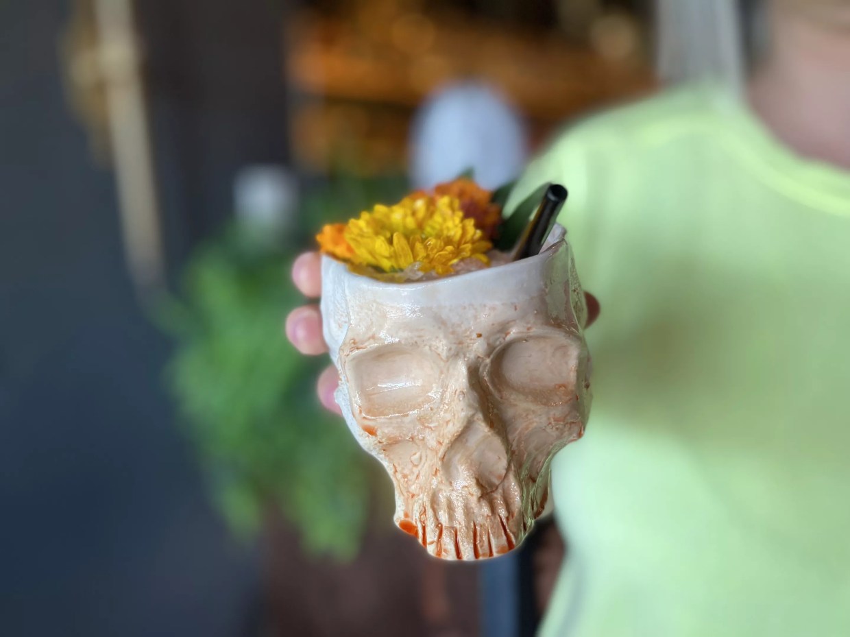 Cocktail in skull glass at Espiritu.