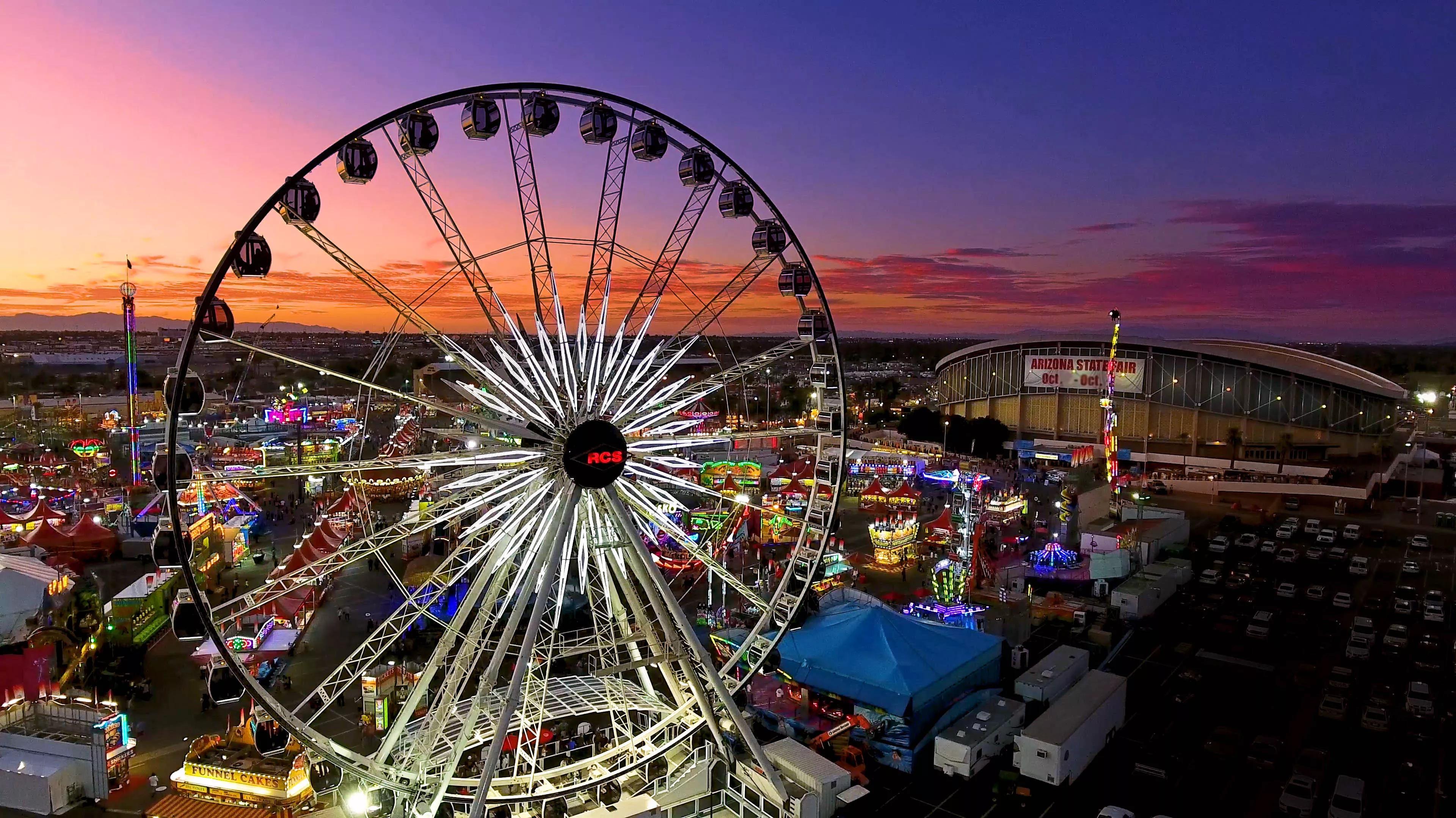 A Ferris wheel and other rides at a state fair.