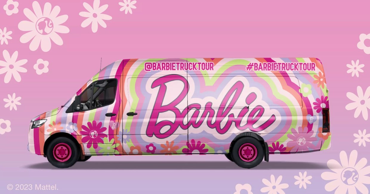 A colorful van with the word Barbie on it.