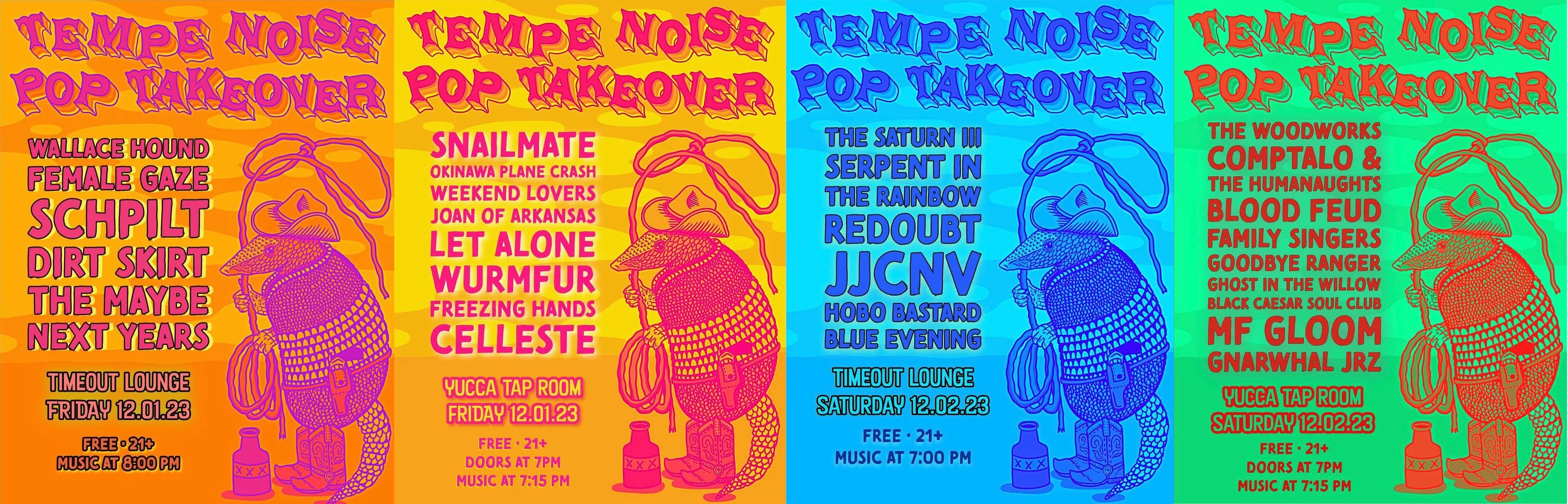 Colorful flyers for a music festival with names of bands on them.