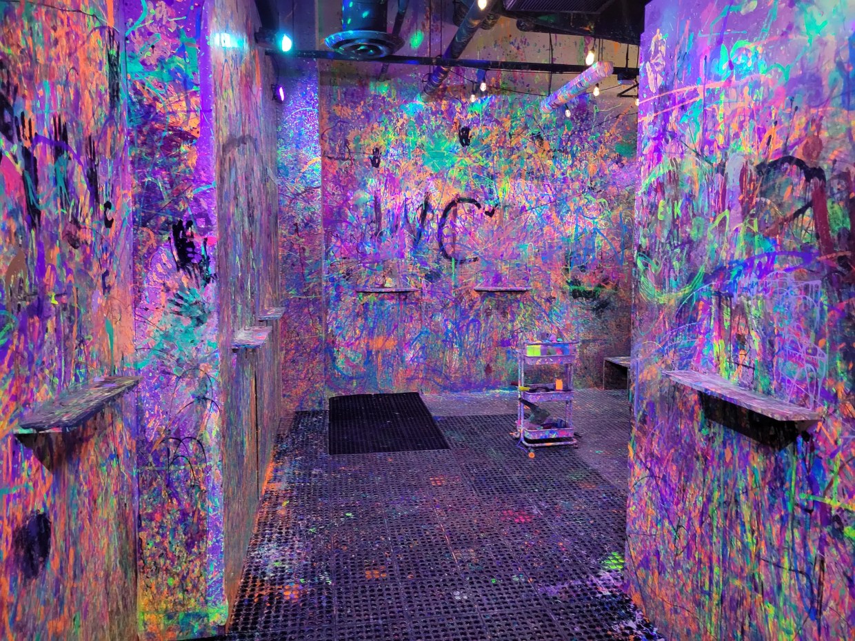 A paint-splattered room.
