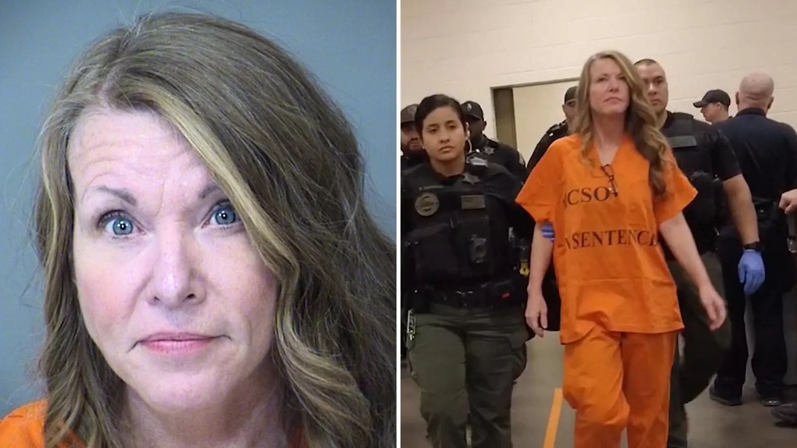 a mugshot of a middle-aged woman alongside a photo of her walking in police custody