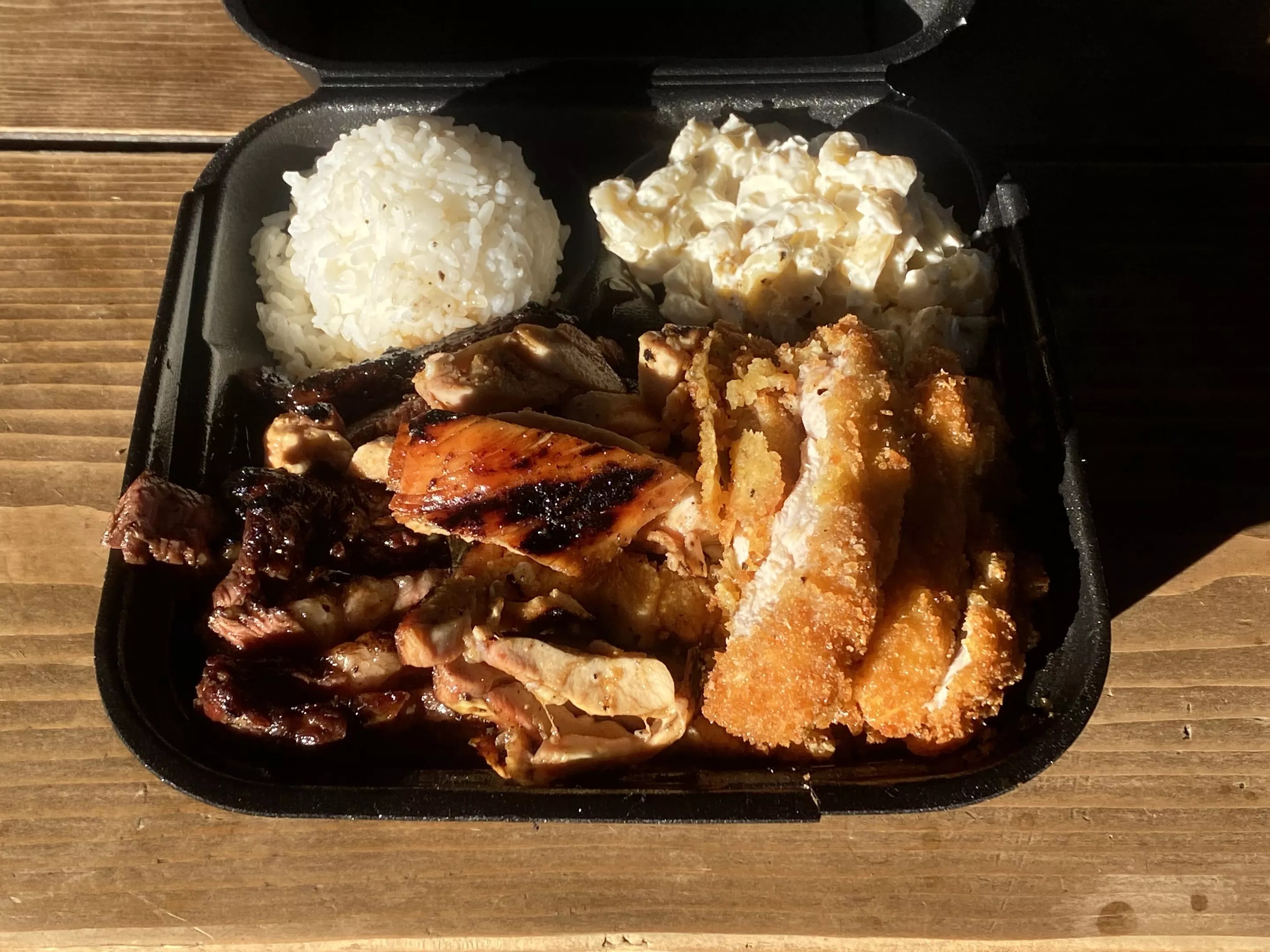 Three-meat plate from Loco Style Grindz.