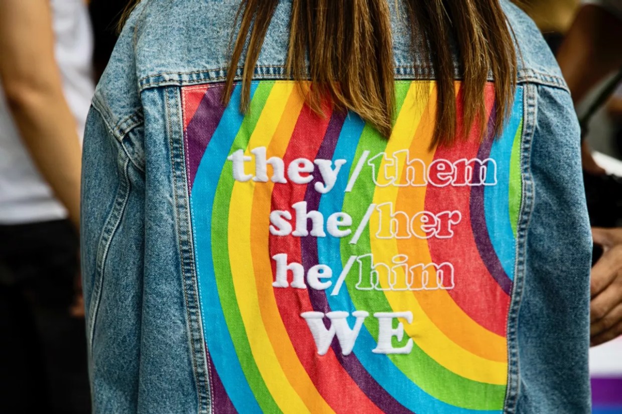 rainbow flag jacket with pronouns