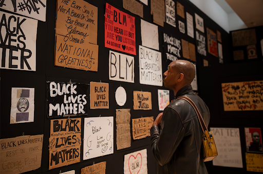 A man looks at items in an art museum exhibition.