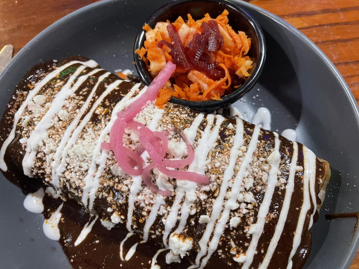 Red mole smothered burrito.