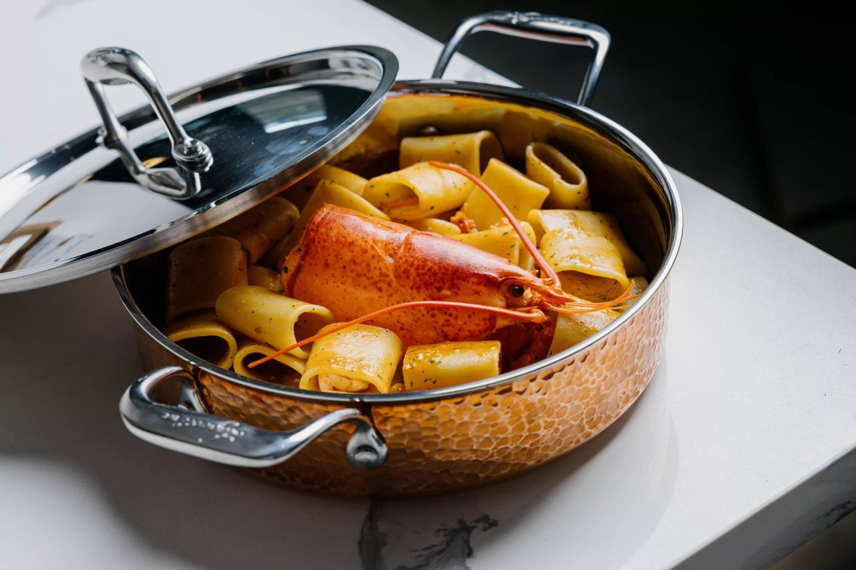 Lobster pasta in a pan.