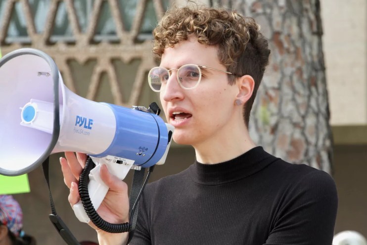 Jeanne Woodbury with megaphone