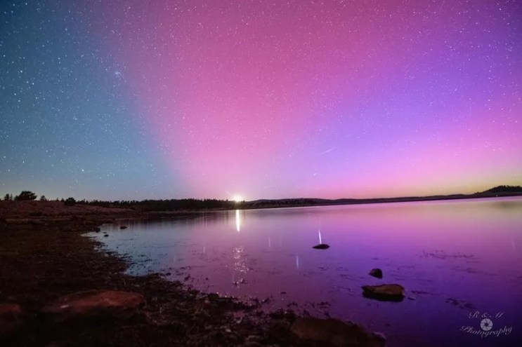 A photo of the purple northern lights outside of Eagar in northeastern Arizona.