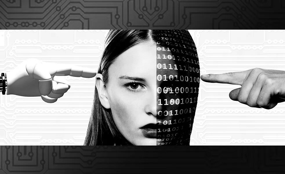 The face of a woman, half of it covered in binary code. On one side, a robot hand points at her head. On the other, a human hand does the same.
