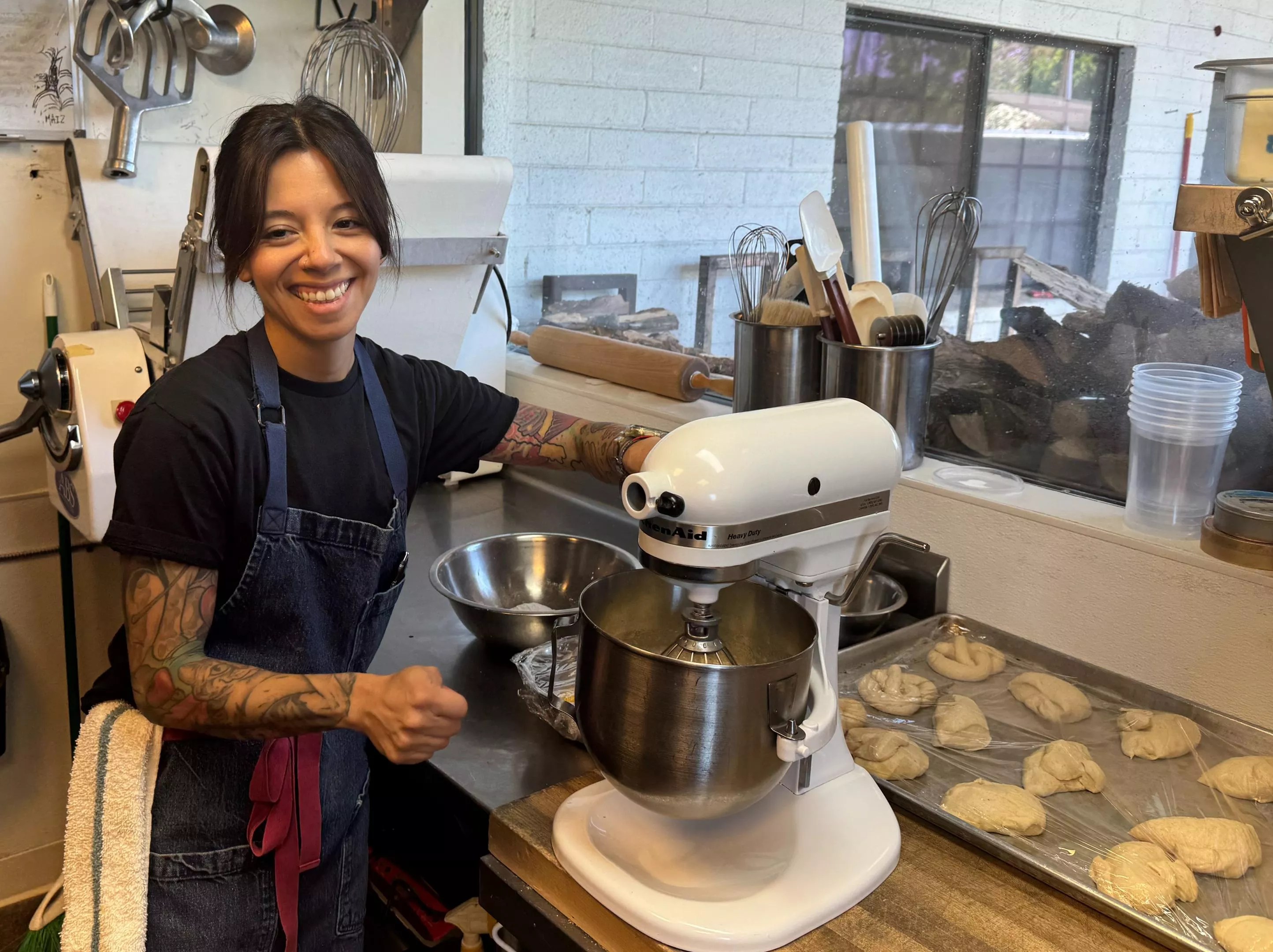 Crystal Kass using a mixer.