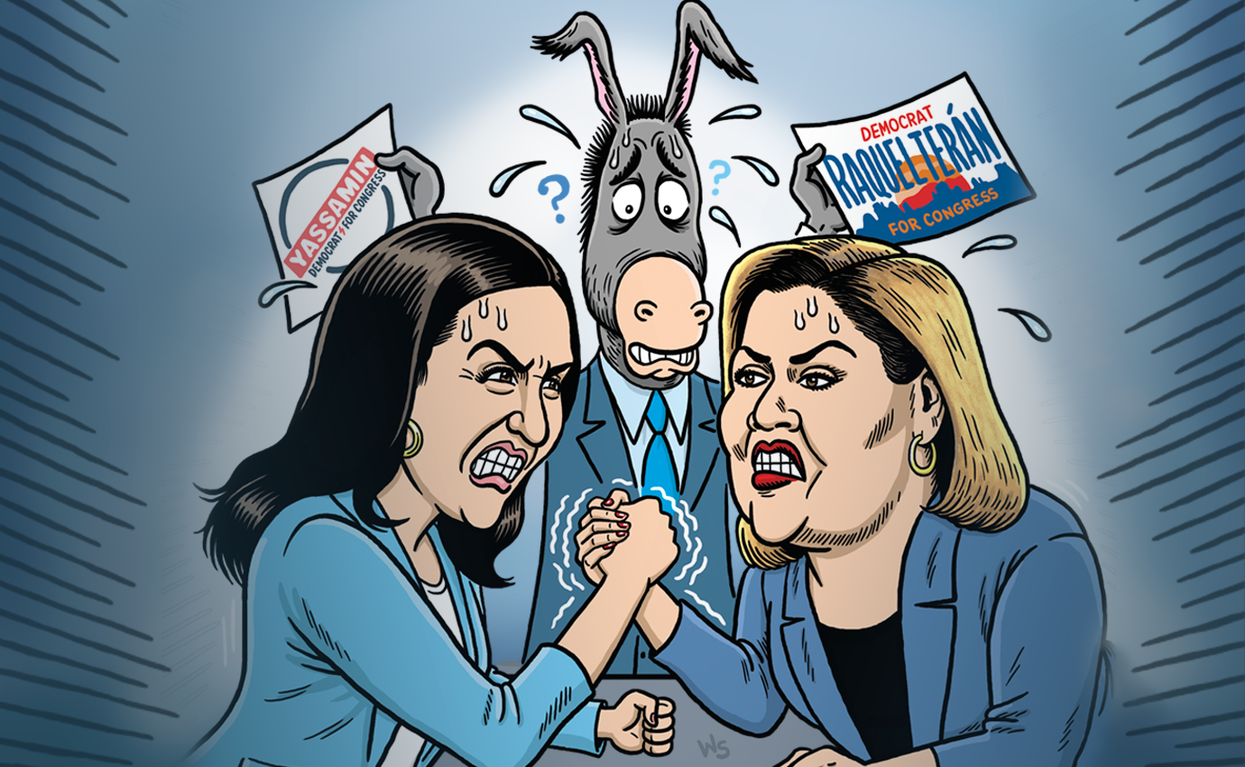 A cartoon of two women arm wresting through gritted teeth, while an anthropomorphic donkey looks on worried.