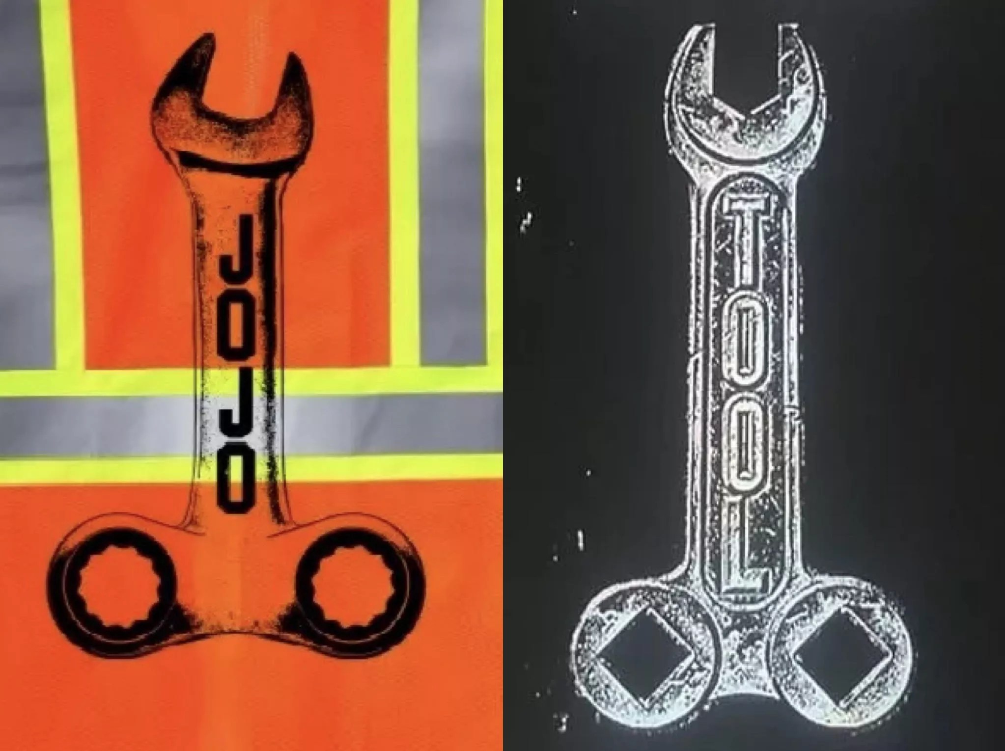 Side-by-side shots of items with the image of a wrench.