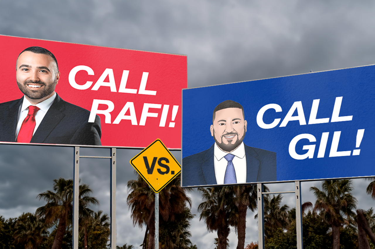 two billboards, one that says "Call Rafi!" and one that says "Call Gil!"