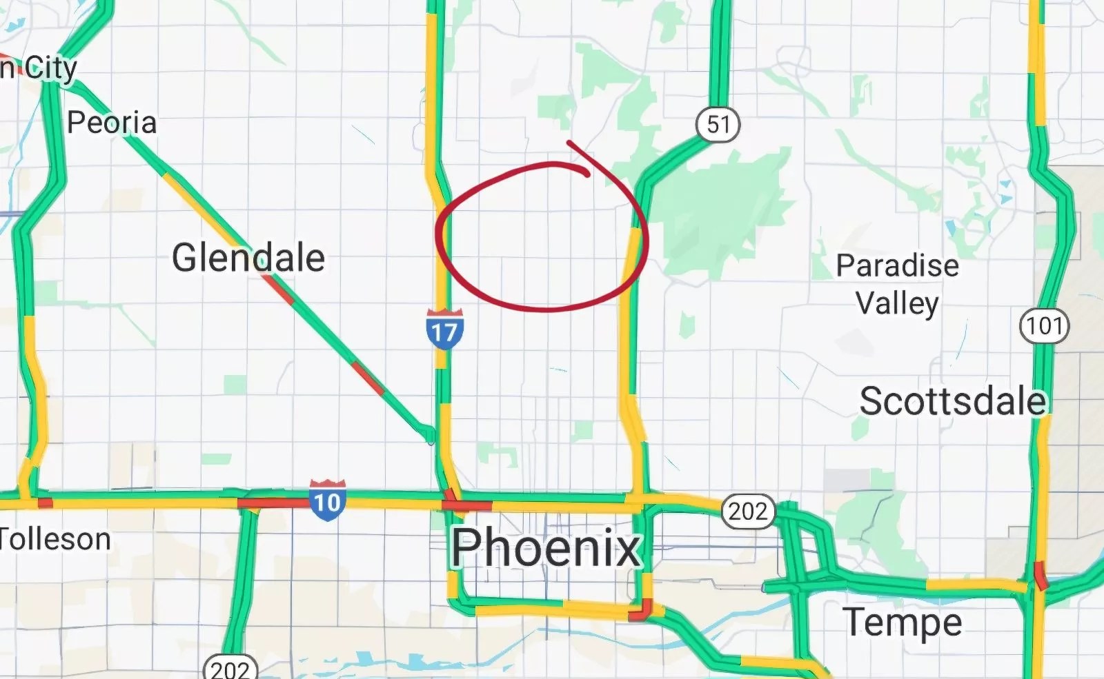 a map of phoenix with an area circled in red