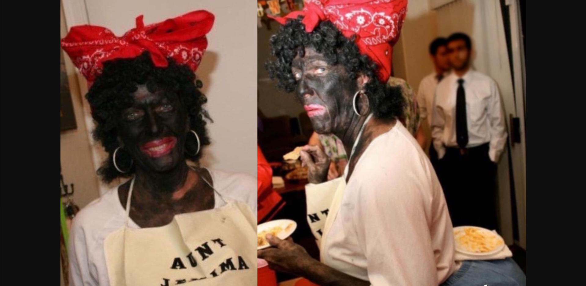 a white woman in blackface in an apron that says "aunt jemima"