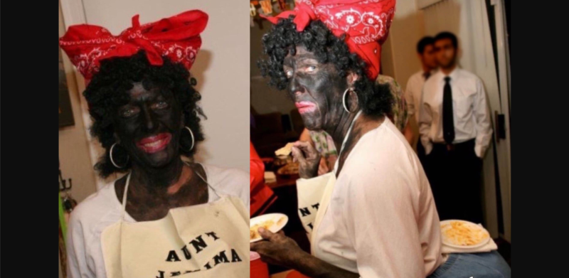 a white woman in blackface in an apron that says "aunt jemima"