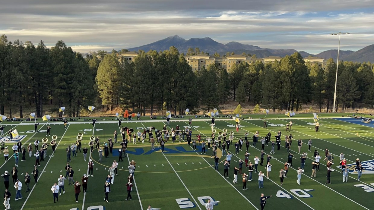 A marching band on the field.