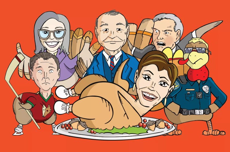 cartoon turkeys of kari lake, katie hobbs, alex meruelo, tom horne, a phoenix police officer and skip hall