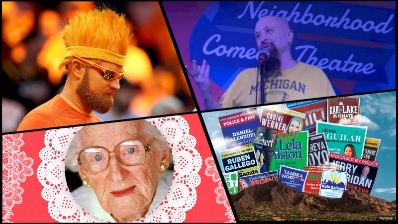 A collage of four photos: Suns fan Mr. ORNG, a bald man doing stand-up comedy, a picture of an old woman and an illustration of campaign signs all over Camelback Mountain