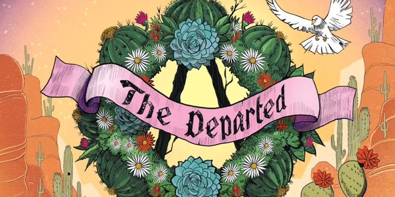 a wreath in a desert setting that says "the departed" on it