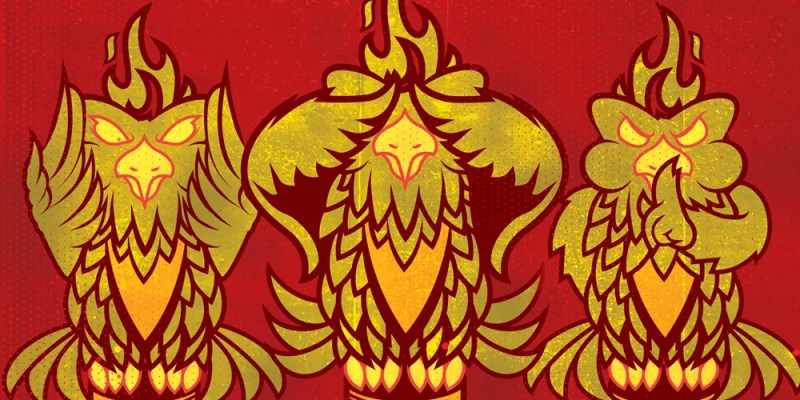 three phoenix birds — one covering its eyes, one covering its ears and one putting a feather to its mouth to say "shhhh"