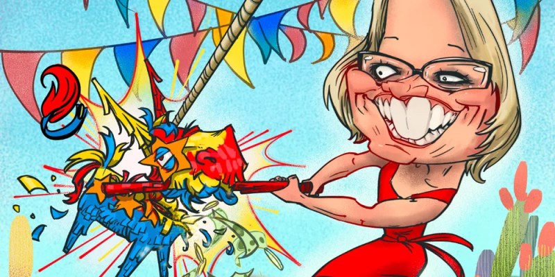 a caricature of kyrsten sinema hitting a donkey pinata