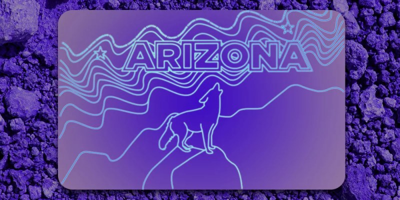a black light design of a coyote howling with mountains and "Arizona" written