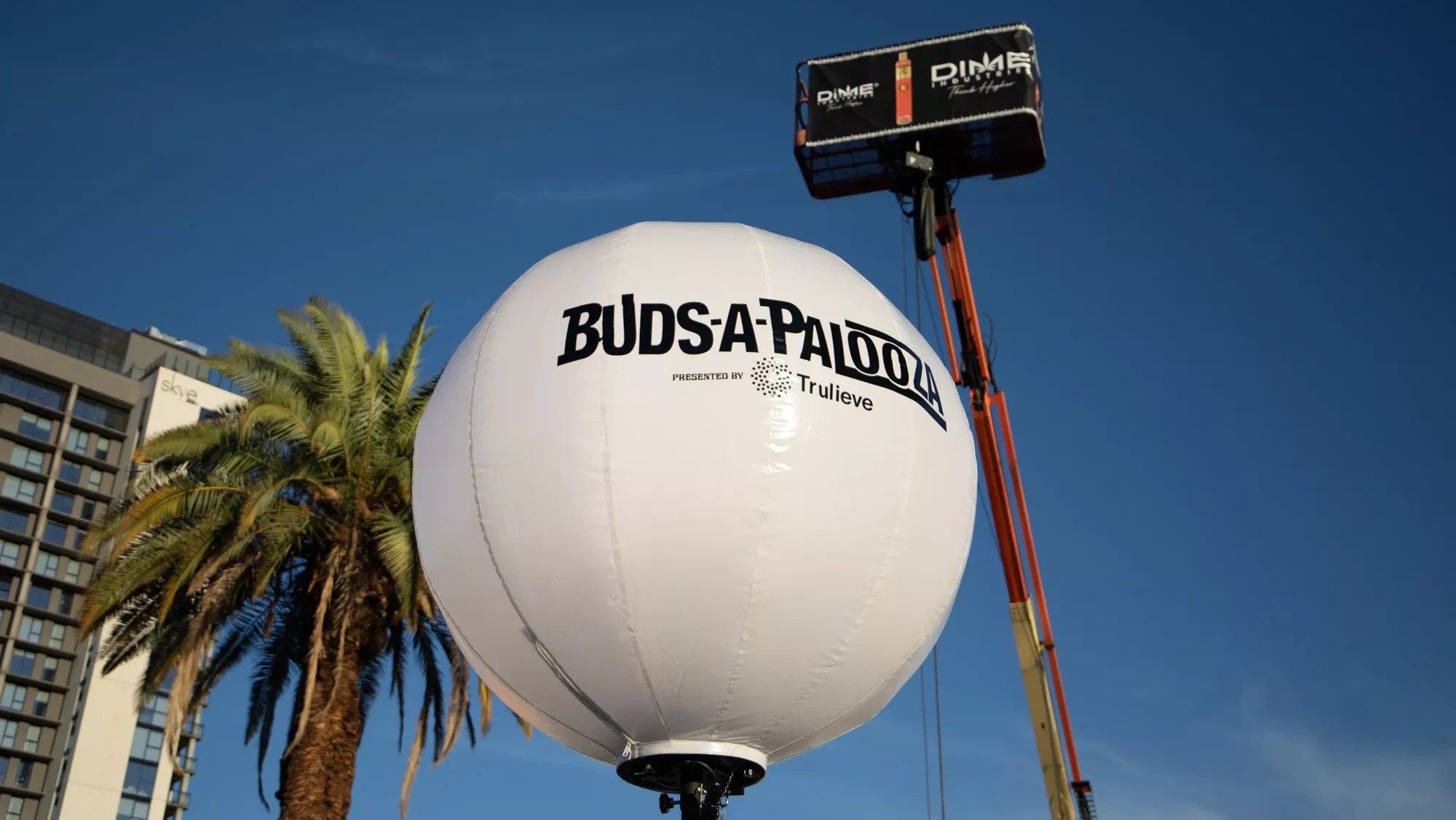 a buds-a-palooza ballon in the sky