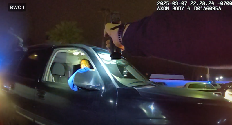 body cam footage of a police officer pointing a gun at a man in a car