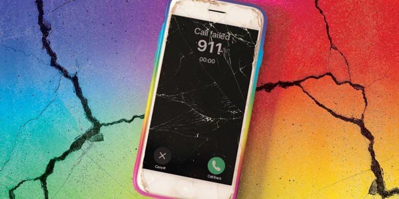 a phone against a rainbow background that says "call failed" with the number dialed as 911