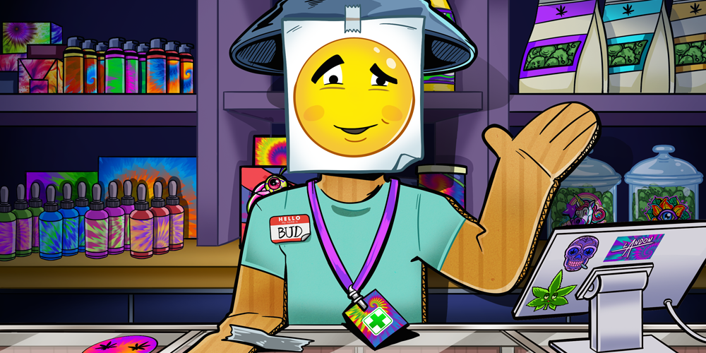 an illustration of a cardboard budtender with a quizzical look on its face