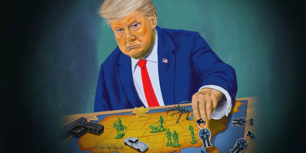 an illustration of trump at a game board shaped like the united states, moving cops and army pieces around