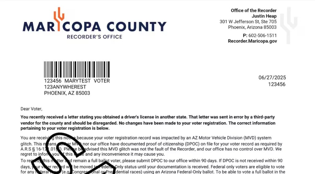 a sample letter from the maricopa county recorder