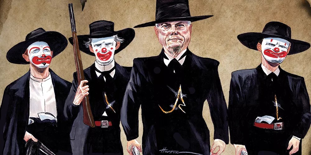 in the style of the tombstone movie poster, jerry sheridan walks as wyatt earp alongside deputies with clown faces