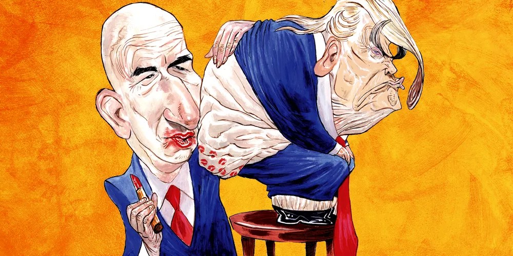 a caricature of a bald man applying lipstick to kiss the naked rear end of donald trump